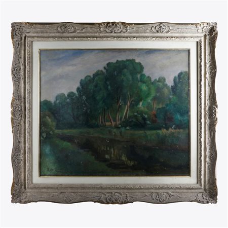 RAFFAELE DE GRADA (Zurigo, 1916 - Milano, 2010) 
Scorcio di paesaggio con alberi e fiume 1941
dipinto ad olio su tela 60 x 70 cm