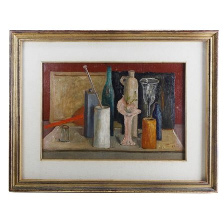 FRANCESCO DE ROCCHI (Saronno, 1902 - Milano, 1978) 
Natura morta con bottiglie e bicchieri 
dipinto ad olio su tavola 28 x 41 cm
