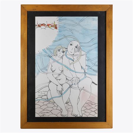 NINO MANDRICI (1930 - ) 
La coppia entro paesaggio, multiplo su carta colorata a mano 1983
 62 x 39 cm