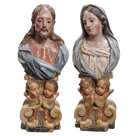 Coppia di sculture in legno Policromo,una raffigurante Madonna, e una...