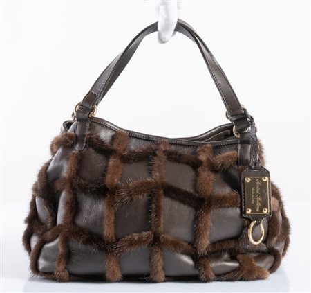 SAVINI BETTINA Borsa a mano in pelle marrone con inserti in pelo. Cm...