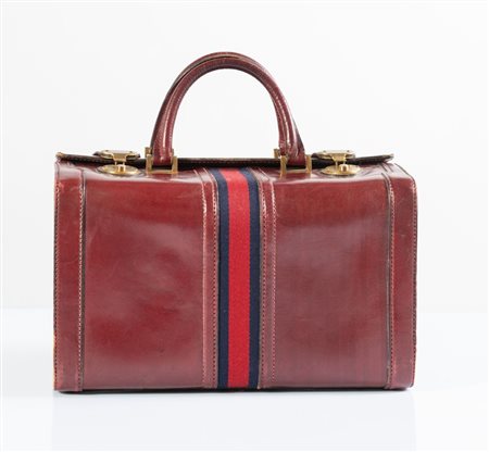 GUCCI Savoy in pelle bordeaux con fascia web in tessuto blu e rosso e metallo...