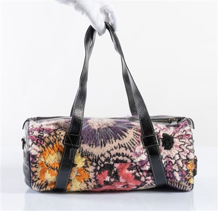 MISSONI Borsa a bauletto in tessuto a fantasia con dettagli in pelle nera. Cm...