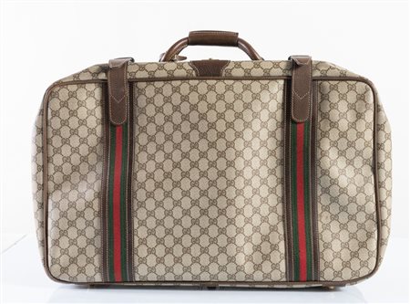 GUCCI Borsa da viaggio in tela monogram con finiture in nastro Web rosso e...