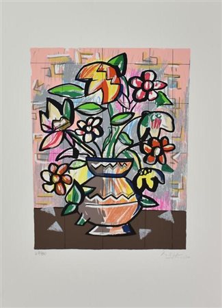 Ibrahim Kodra VASO DI FIORI serigrafia, cm 50x35; es. 47/80 firma e tiratura