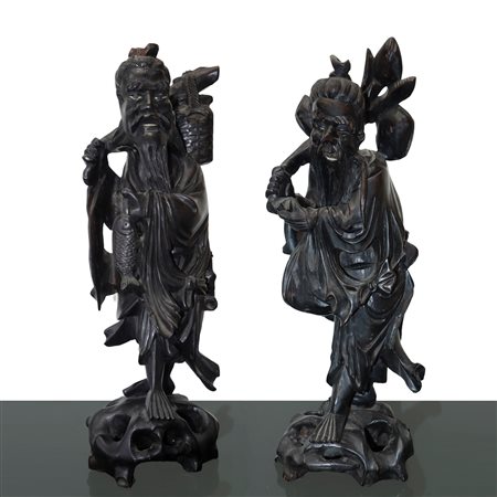 Coppia di statuine in legno intagliato del dio Shoulao