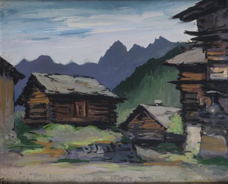 FELICE VELLAN<BR>Torino 1889 - 1976<BR>"Case rustiche a Perrias (Val d'Ayas - Aosta)" 1955