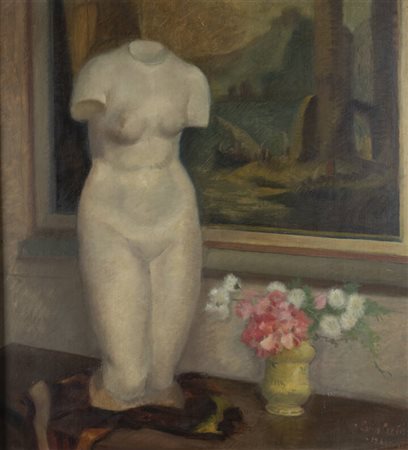 LUISA PRATIS<BR>Saluzzo 1913 -1959<BR>"Natura morta con vaso e di fiori e scultura"