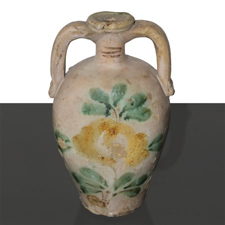 Piccola quartara in maiolica policroma di Caltagirone con manici e decorazioni di fiori e foglie , fine 19° secolo