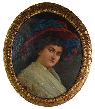 Anonimo del XIX secolo RITRATTO FEMMINILE olio su tela ovale, cm 71x61...