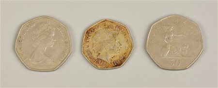 LOTTO DI MONETE BRITANNICHE composto da 3 monete da 50 pence vari anni di...