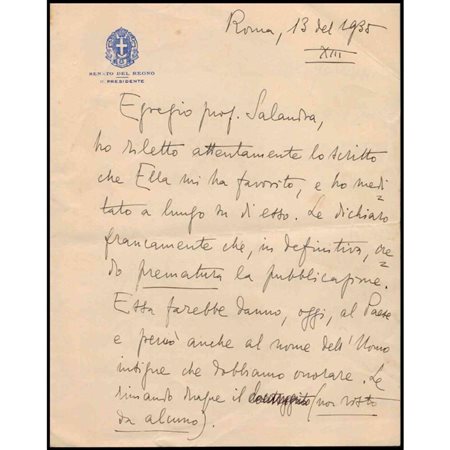  
Lettera autografa di Luigi Federzoni, presidente del Senato del Regno e Ministr Miscellanea...
 