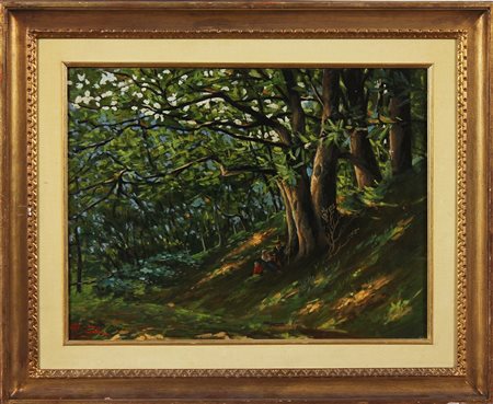 GALLI RICCARDO (1869 - 1944) Paesaggio con figure. Olio su tela . Cm 60,00 x...