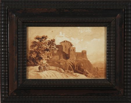 ANONIMO Paesaggio con castello. Tempera su cartoncino. Cm 25,00 x 16,50....