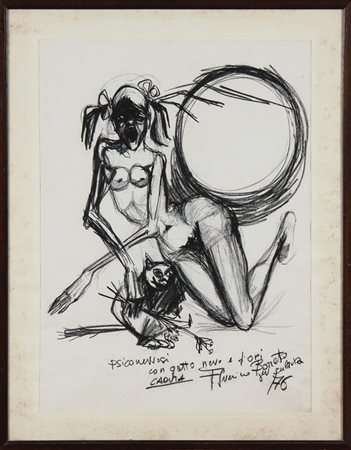 ANONIMO Psiconevrosi con gatto nero e fiori. 1976. Carboncino su carta. Cm...