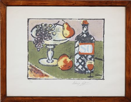 SOFFICI ARDENGO (1879 - 1964) Bottiglia e fruttiera. Litografia. Cm 65,00 x...