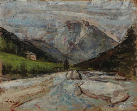 BERGAMINI ALDO (1904 - 1980) Paesaggio con torrente. Olio su tavola. Cm 27,00...