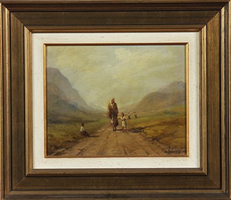 SOLARO OMERO (1909 - 2009) Viandanti sulla strada. Olio su tela. Cm 33,00 x...