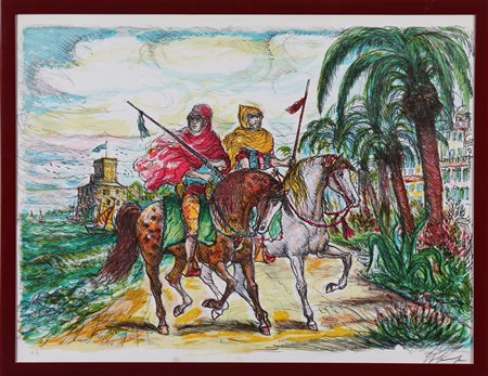 GONZAGA GIOVAN FRANCESCO (1921 - 2007) Cavalieri. Litografia. Cm 53,50 x...