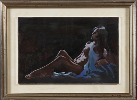 ANONIMO Nudo. Olio su tela . Cm 25,50 x 43,50. Firma illeggibile in basso a...