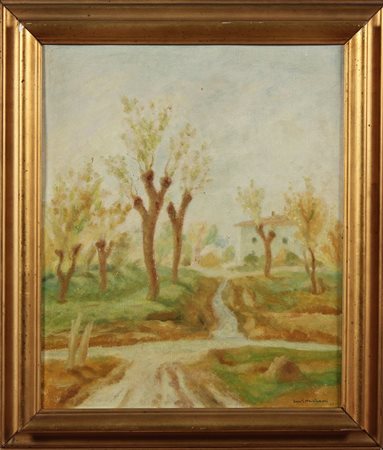 MONTANARI DANTE (1896 - 1989) Paesaggio con alberi e ruscello. Olio su...