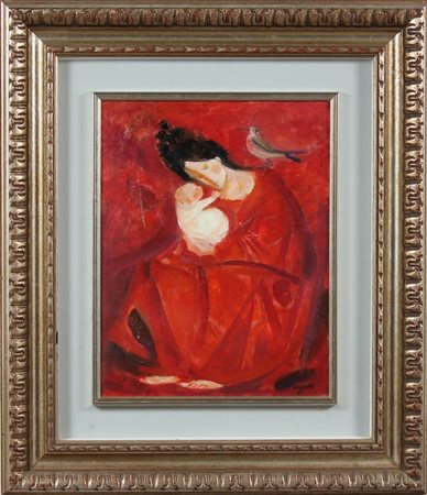 LONGARETTI TRENTO (n. 1916) Madre in rosso. Olio su tela . Cm 35,00 x 45,00....