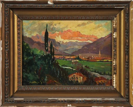 ANONIMO Paesaggio. Olio su tavola. Cm 31,00 x 23,50. Riporta firma Montaguti...