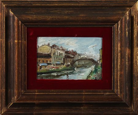 ANONIMO Ponte sul canale. Olio su cartone. Cm 20,50 x 14,05. Al retro firma e...