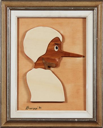 BRUZZI GIOVANNI (n. 1936) Pinocchio. 1971. Legno. Cm 30,00 x 40,00. Firma e...