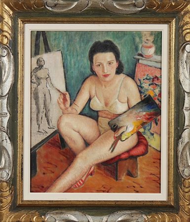 DE RUSCHI GIACINTO (1897 - 1974) Modella pittrice. Olio su tela . Cm 44,00 x...