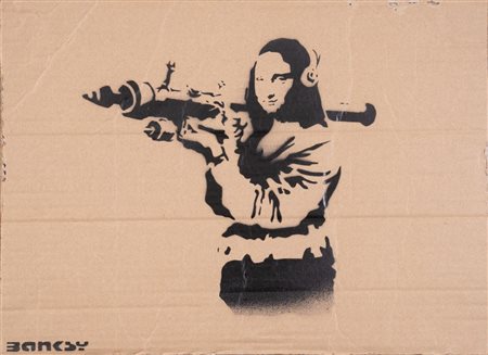 BANKSY (Bristol 1974) "Bazooka Mona Lisa". Spray su cartone. Cm 36,5x49,5. Al...