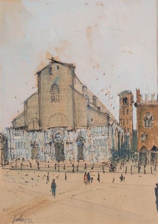 Pittore del XX secolo. "Piazza Maggiore", 1952. Tecnica mista su carta. Cm...