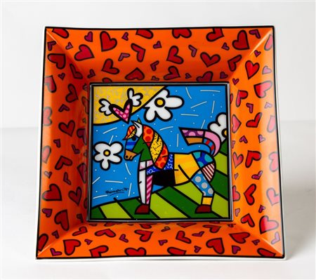 ROMERO BRITTO (1963). Piatto in ceramica. Cm 23,5x23,5x6,5. Al retro reca...