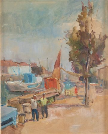 UMBERTO SGARZI (Bologna 1921 - 2017) "Porto". Olio su tavola. Cm 50x40. Opera...