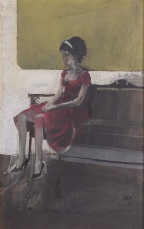 ALBERTO SUGHI (Cesena 1928 - Bologna 2012) "Ragazza seduta", 1958. Olio su...