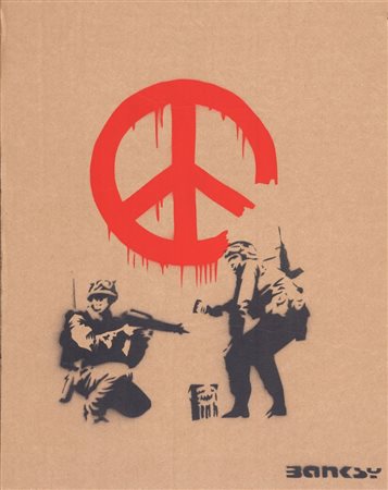 BANKSY (Bristol 1974) "Peace soldier". Spray su cartone. Cm 42x33,5. Al retro...