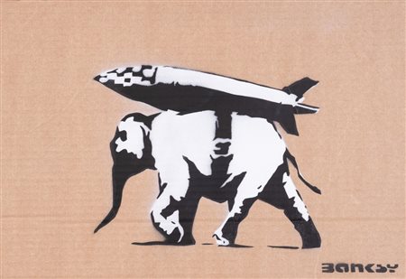 BANKSY (Bristol 1974) "Bomb elephant". Spray su cartone. Cm 30,5x44. Al retro...