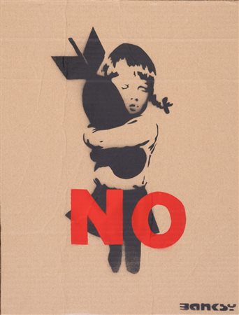 BANKSY (Bristol 1974) "Girl no bomb". Spray su cartone. Cm 45x35. Al retro...