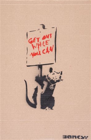 BANKSY (Bristol 1974) "Get out while you can". Spray su cartone. Cm 44,5x 30....