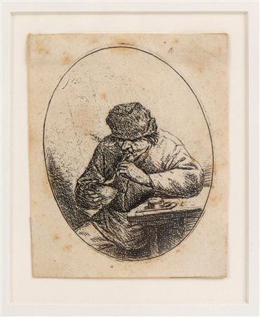 ADRIEN VAN OSTADE (Haarlem, 1610 -1685), ATTRIBUITO  
Un uomo che fuma seduto al  tavolo 
 