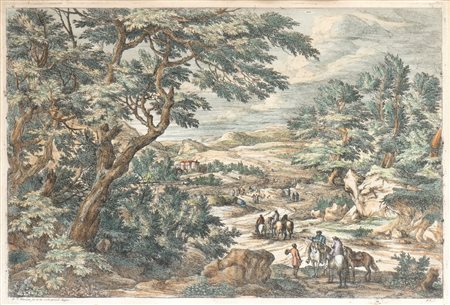 Adriaen Fransz Boudewijns - Adam François van der Meulen (after) (1644 - 1719) ,  
Paesaggio con alberi e cespugli e cavalieri 
 