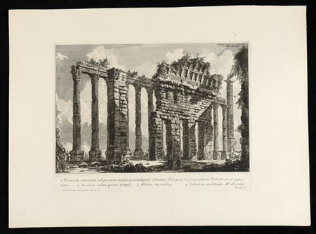 Giovanni Battista Piranesi (Mogliano Veneto, 1720 - Venezia, 1778) 
Posticum earundem reliquiarum templi pseudodipteri Antonini Pii, quae in praecedente Tabula sunt expositae... 
 