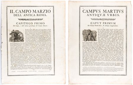 Giovanni Battista Piranesi (Mogliano Veneto, 1720 - Venezia, 1778) 
Lotto di due tavole (testi introduttivi) per Il Campo Marzio dell'antica Roma 
 