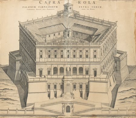 Pierre Mortier (1661 - 1711) 
Caprarola. Palatium Farnesiorum extra urdem 
bulino, 37,5 x 43,5 cm (immagine) 