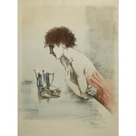 Alberto Sughi (Cesena 1928-Bologna 2012)  - Donna che prende il caffe' al mattino