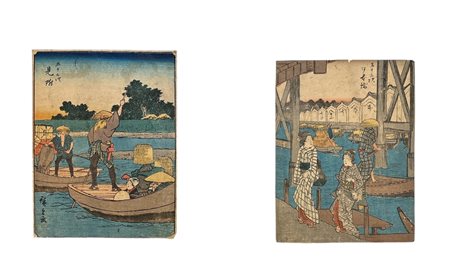 Utagawa Hiroshige (1797 - 1858) Set di due incisioni: Ponte Nihon; Mitsuke...