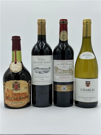  
Cotes Du Rhone Hogier & Fils - Château Rauzan Segla Margaux - Château Bel Orme Martial - Chablis Jean Francois Protheau 1967-2001-2019-2021
Francia-Varie 0,75