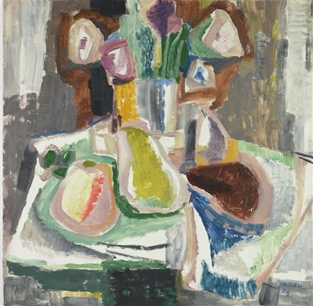 Janos Hajnal FIORI E FRUTTA, 1959 tecnica mista su tavola, cm 63x63 firma e data