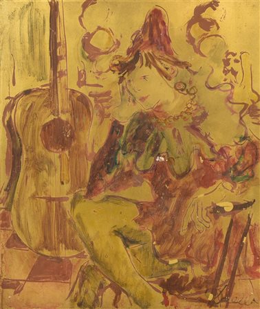 Aldo Dorella PERSONAGGIO CON CHITARRA olio su lastra di ottone, cm 50x40...