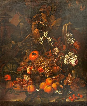  
Natura morta con frutti (melograni, pesche, uva, ciliegie e fichi), fiori di sambuco, gigli, zannie rosse, rosa e verdure Scuola napoletana, seconda metà XVII secolo
olio su tela 118 x 97cm